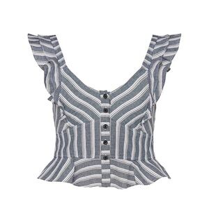 Marissa Webb Striped Crop Top Gray White Linen Cotton Ruffled Sleeveless